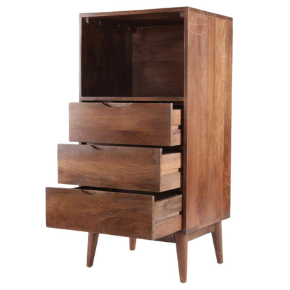 Eddy Chest of Drawer crafted from Mango wood with a natural finish, offering 3 drawers, an open shelf, and detachable legs for easy portability and termite-free durability.