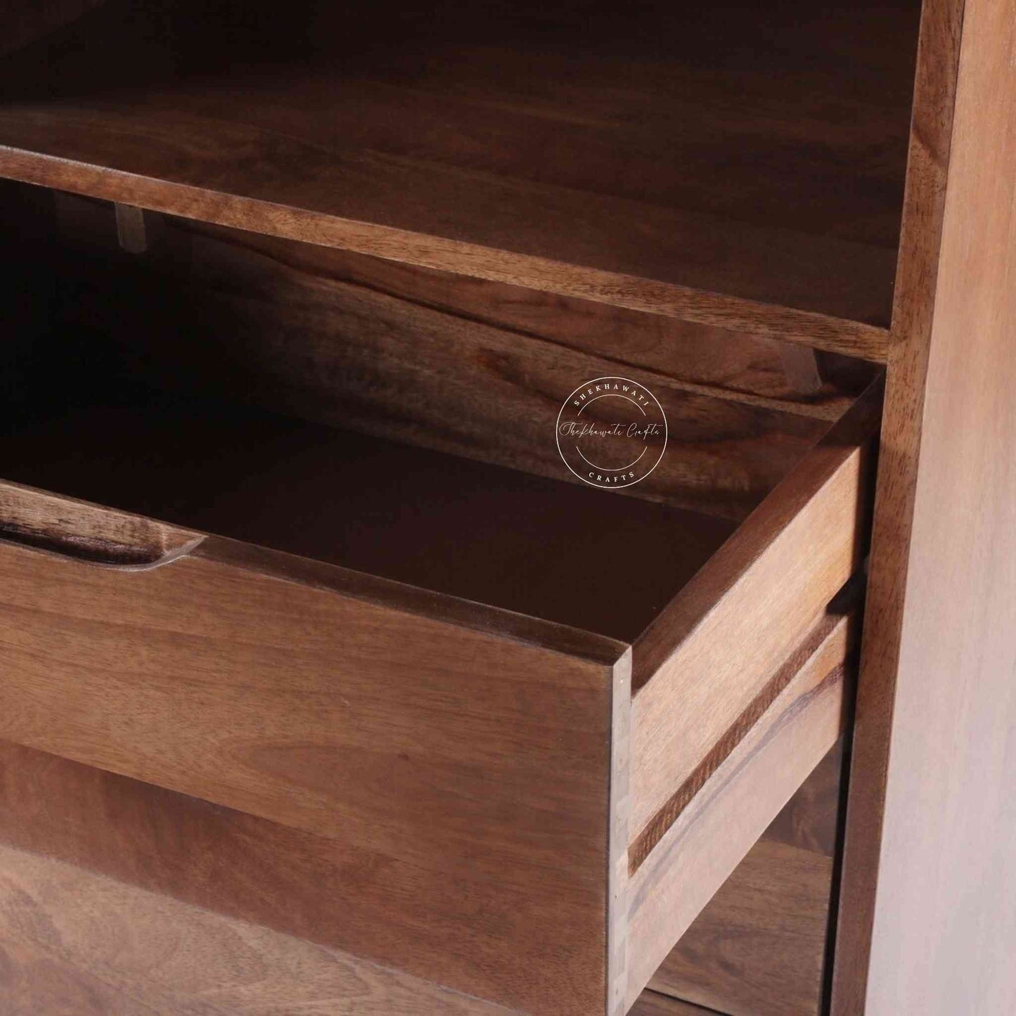 Eddy Chest of Drawer crafted from Mango wood with a natural finish, offering 3 drawers, an open shelf, and detachable legs for easy portability and termite-free durability.