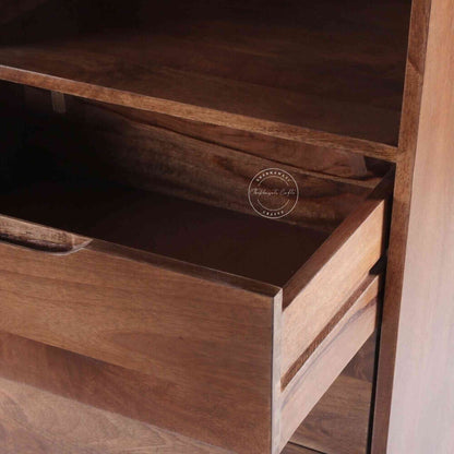 Eddy Chest of Drawer crafted from Mango wood with a natural finish, offering 3 drawers, an open shelf, and detachable legs for easy portability and termite-free durability.
