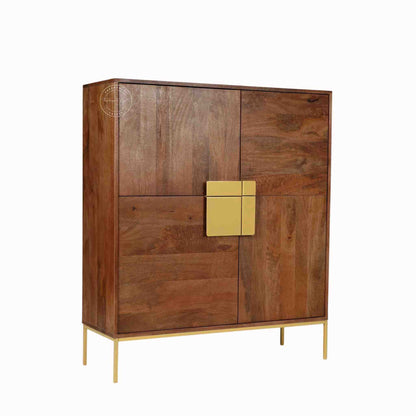 Edward Cabinet crafted from solid mango wood with 4 doors, golden finished handles and iron legs.
