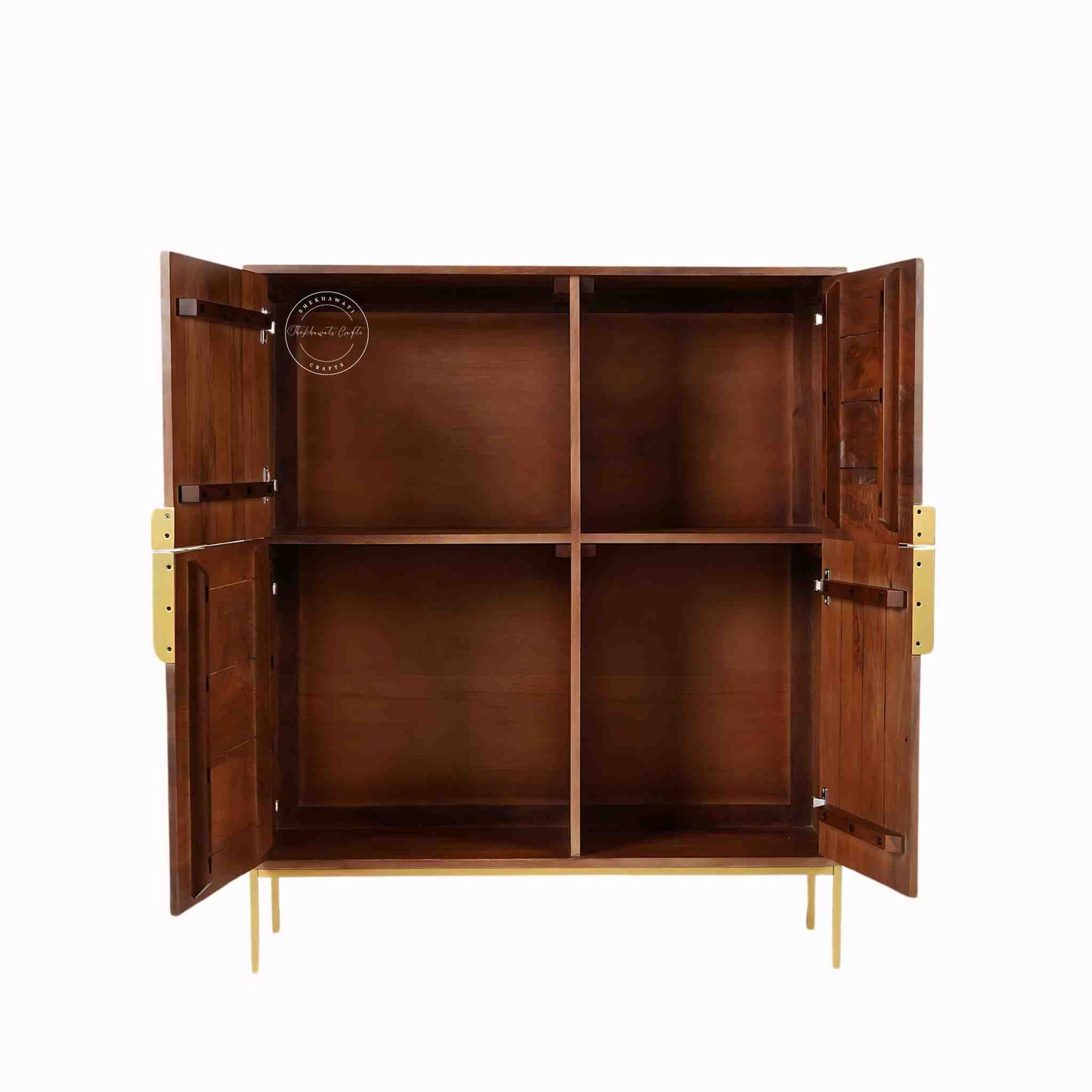 Edward Cabinet crafted from solid mango wood with 4 doors, golden finished handles and iron legs.