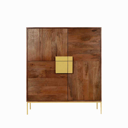Edward Cabinet crafted from solid mango wood with 4 doors, golden finished handles and iron legs.