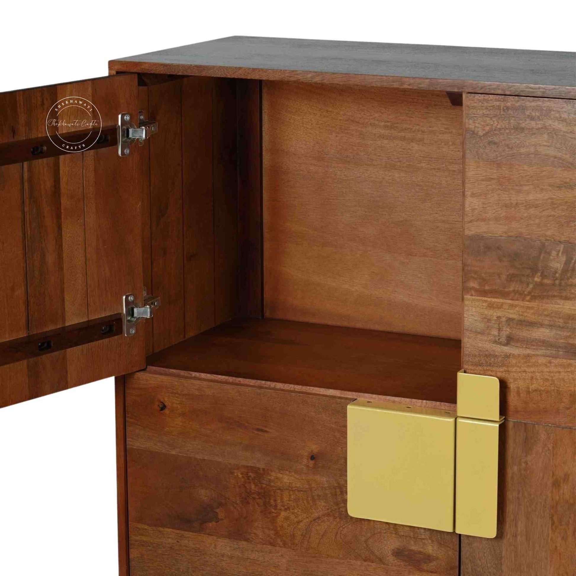 Edward Cabinet crafted from solid mango wood with 4 doors, golden finished handles and iron legs.