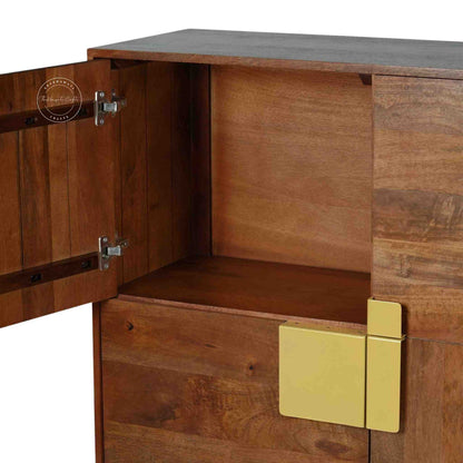 Edward Cabinet crafted from solid mango wood with 4 doors, golden finished handles and iron legs.