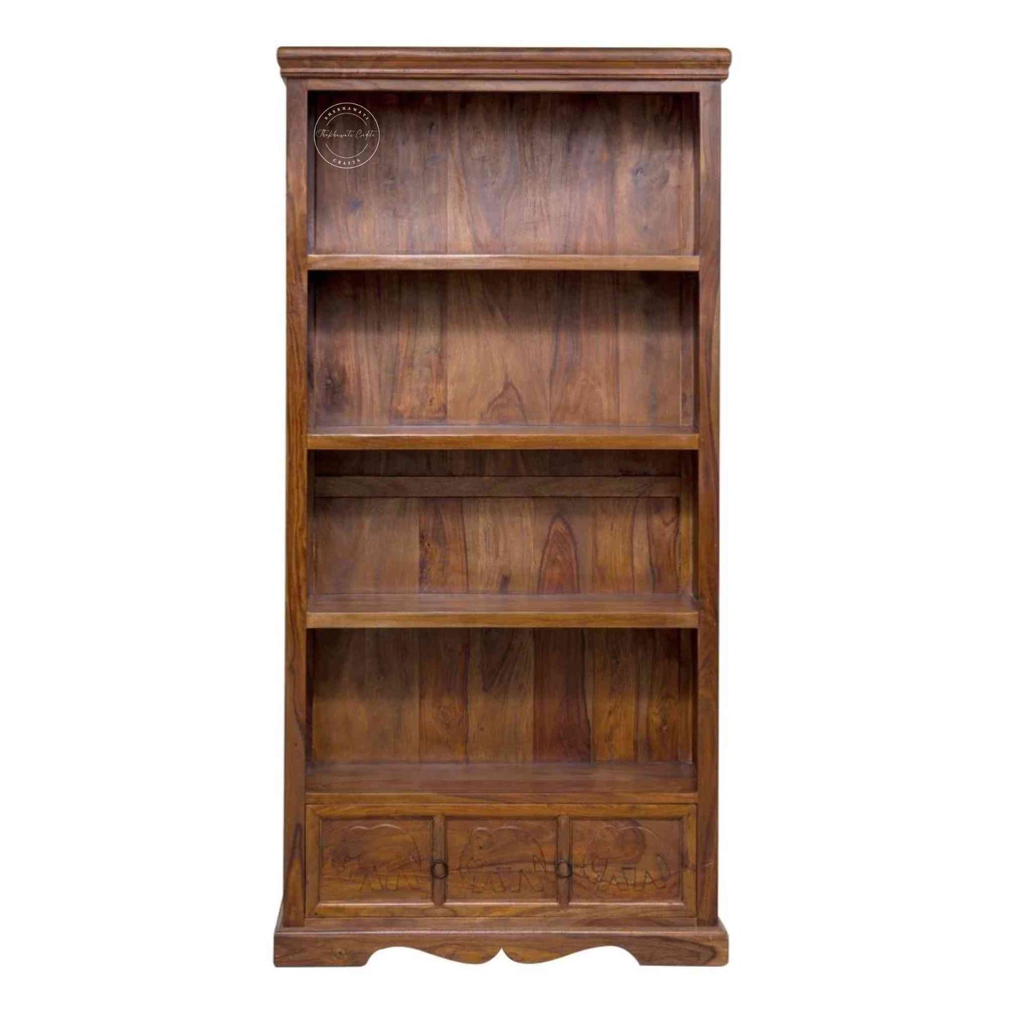 Elephant Bookshelf made from Sheesham wood with a honey finish, 4 shelves and 1 drawer featuring a vintage collection of furniture. 