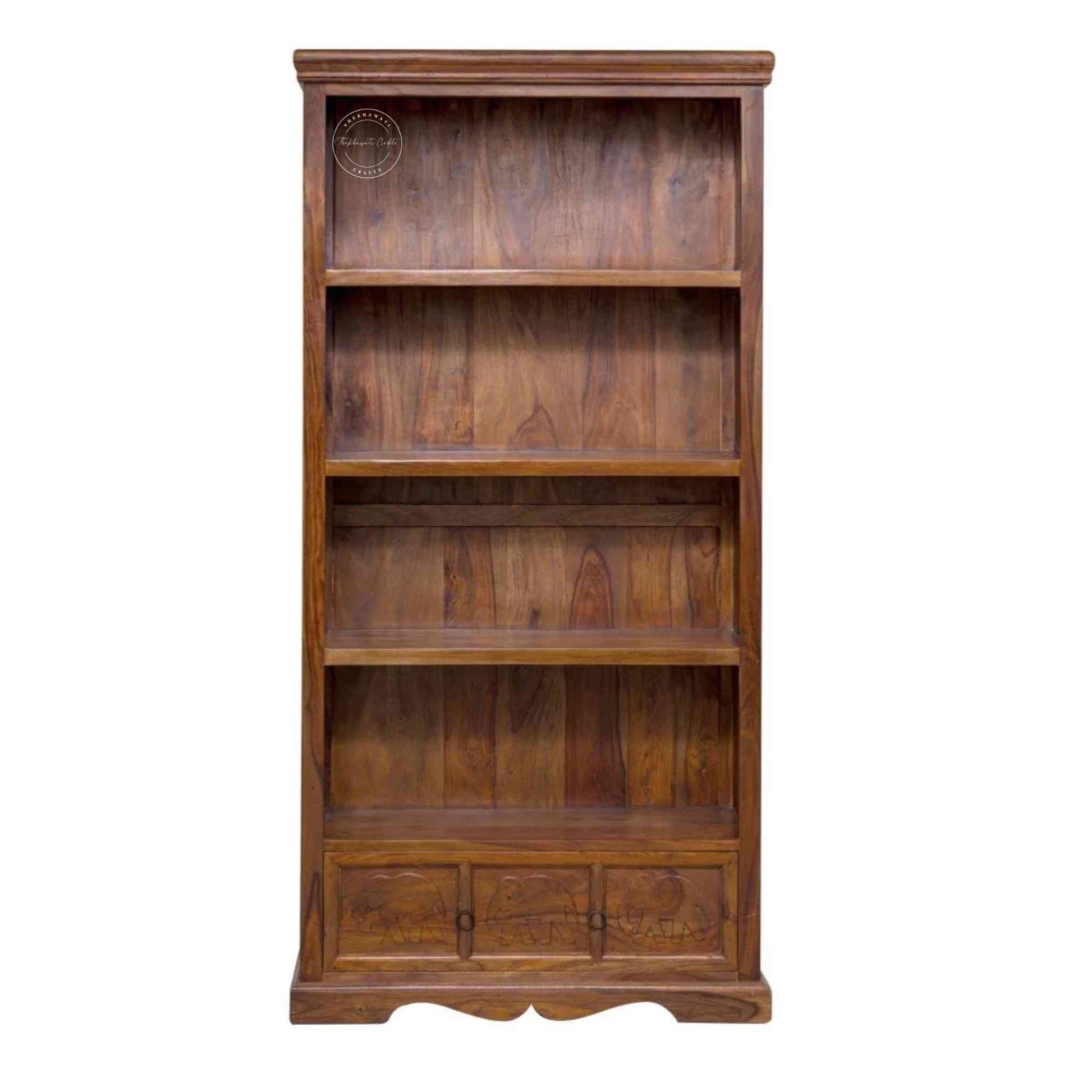 Elephant Bookshelf made from Sheesham wood with a honey finish, 4 shelves and 1 drawer featuring a vintage collection of furniture. 