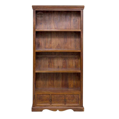 Elephant Bookshelf made from Sheesham wood with a honey finish, 4 shelves and 1 drawer featuring a vintage collection of furniture. 