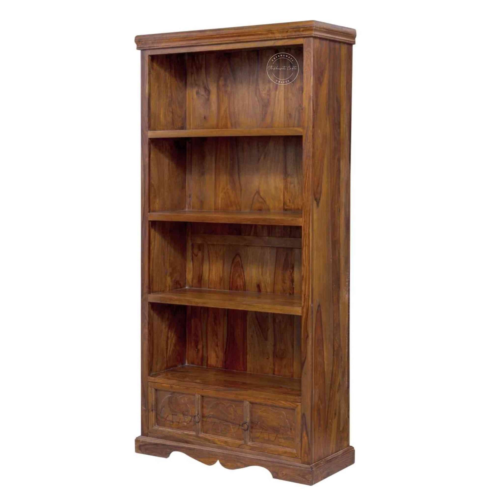 Elephant Bookshelf made from Sheesham wood with a honey finish, 4 shelves and 1 drawer featuring a vintage collection of furniture. 