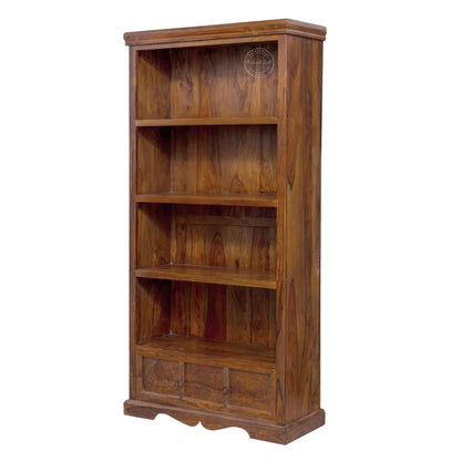 Elephant Bookshelf made from Sheesham wood with a honey finish, 4 shelves and 1 drawer featuring a vintage collection of furniture. 