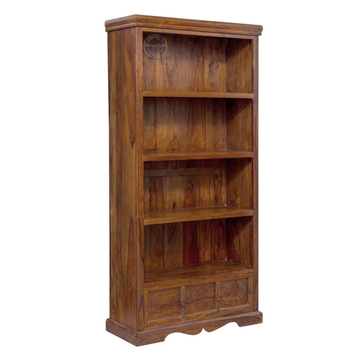 Elephant Bookshelf made from Sheesham wood with a honey finish, 4 shelves and 1 drawer featuring a vintage collection of furniture. 