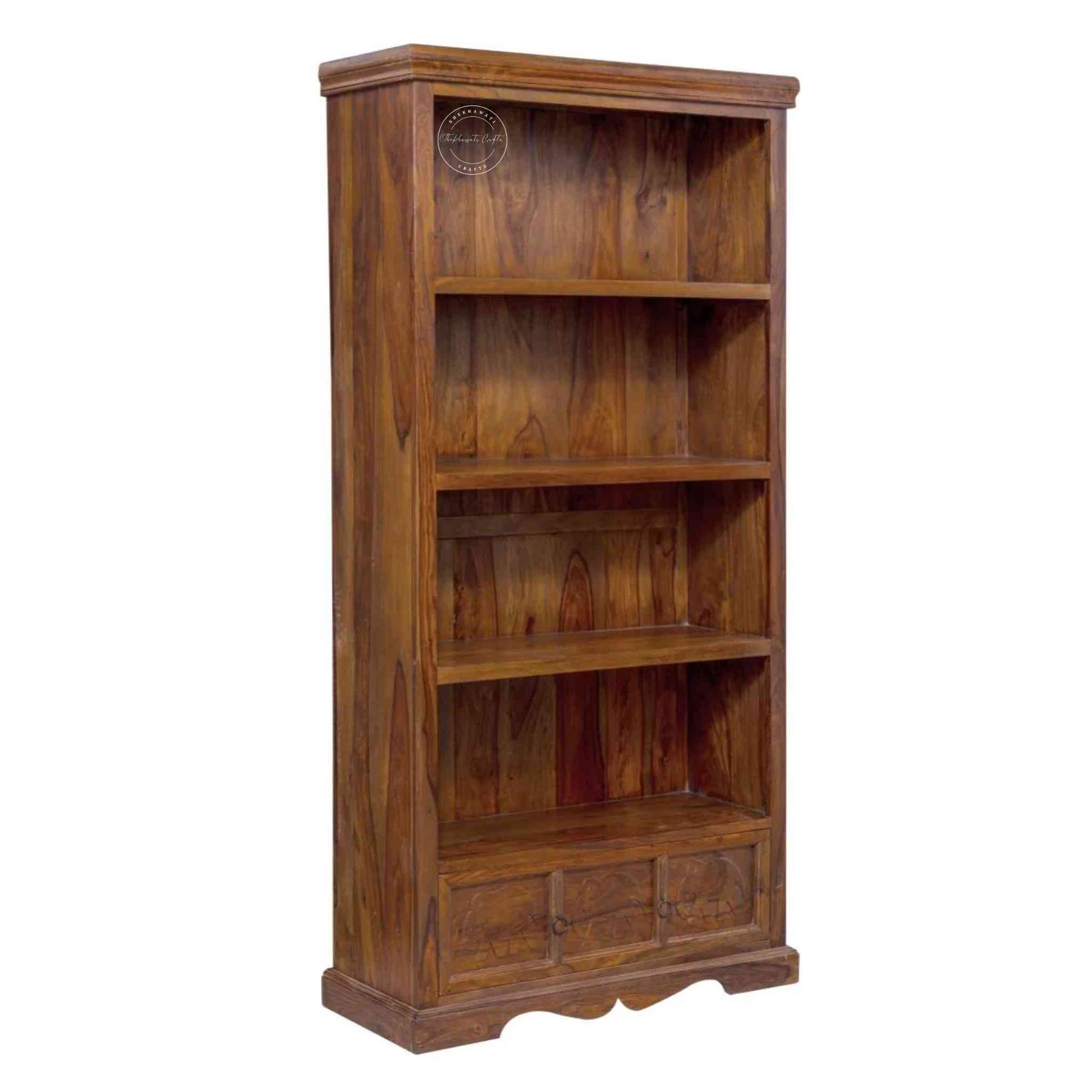 Elephant Bookshelf made from Sheesham wood with a honey finish, 4 shelves and 1 drawer featuring a vintage collection of furniture. 