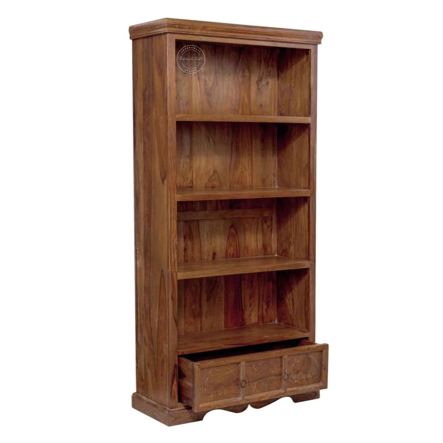 Elephant Bookshelf made from Sheesham wood with a honey finish, 4 shelves and 1 drawer featuring a vintage collection of furniture. 