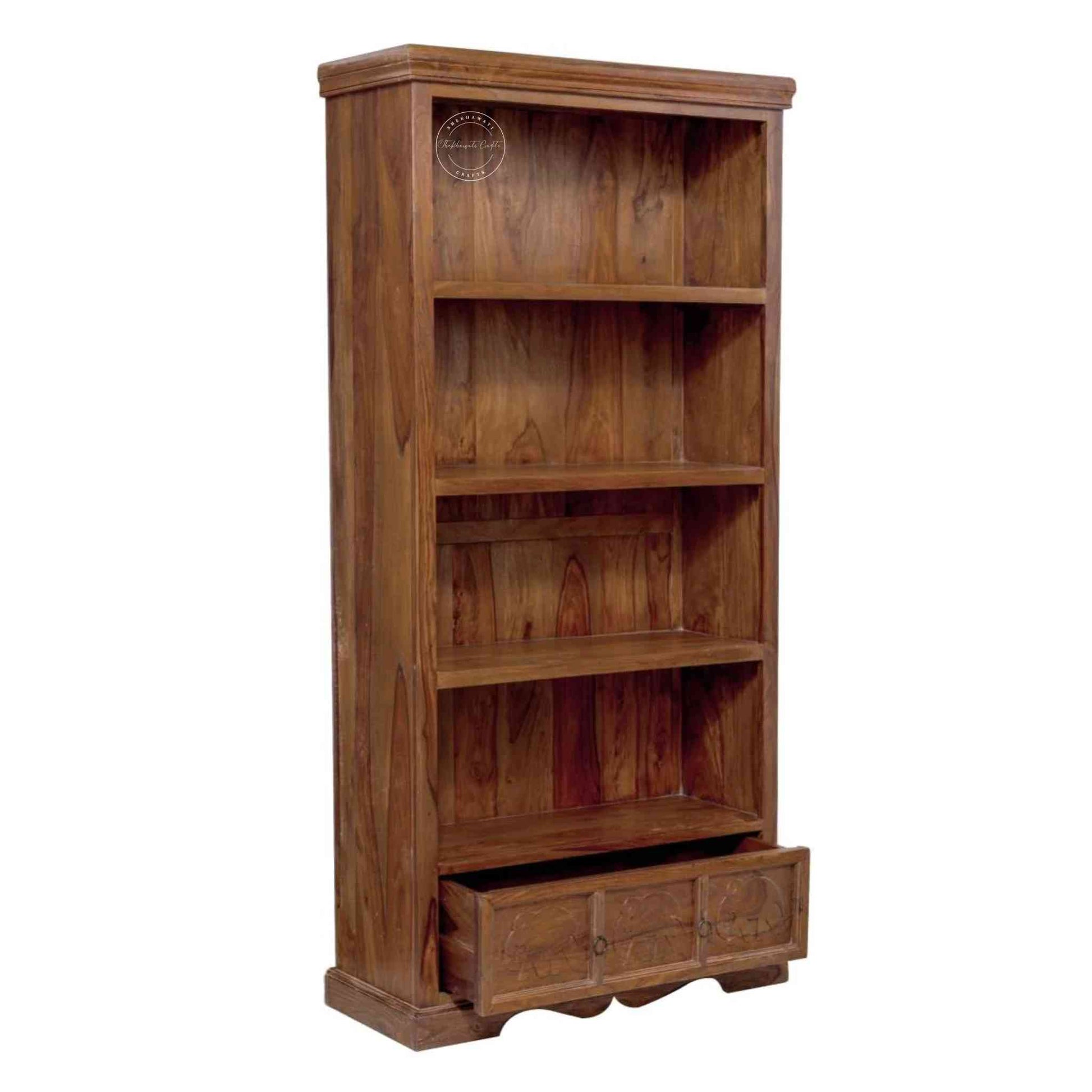 Elephant Bookshelf made from Sheesham wood with a honey finish, 4 shelves and 1 drawer featuring a vintage collection of furniture. 