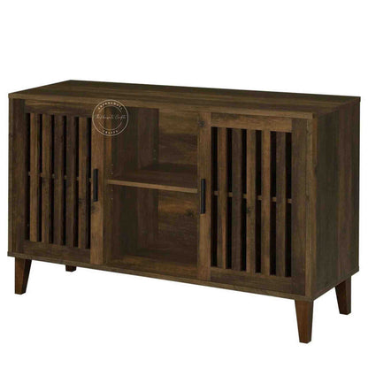 Elser Sideboard is made from mango wood with a light walnut finish, featuring foldable shelves and an open display shelf.