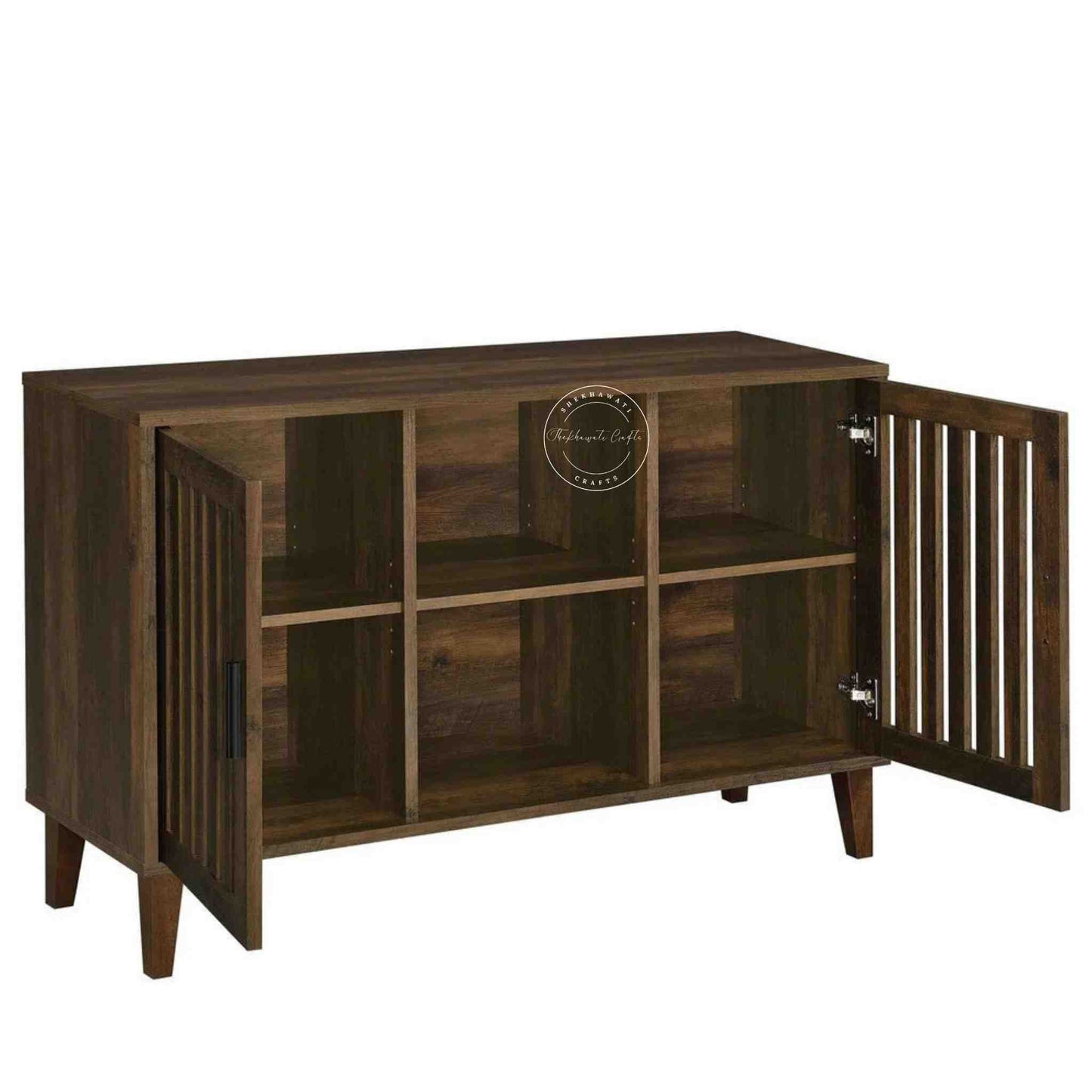 Elser Sideboard is made from mango wood with a light walnut finish, featuring foldable shelves and an open display shelf.