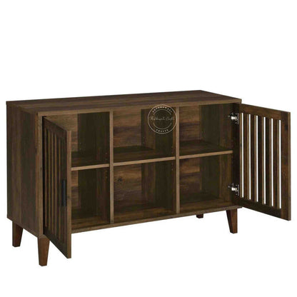 Elser Sideboard is made from mango wood with a light walnut finish, featuring foldable shelves and an open display shelf.