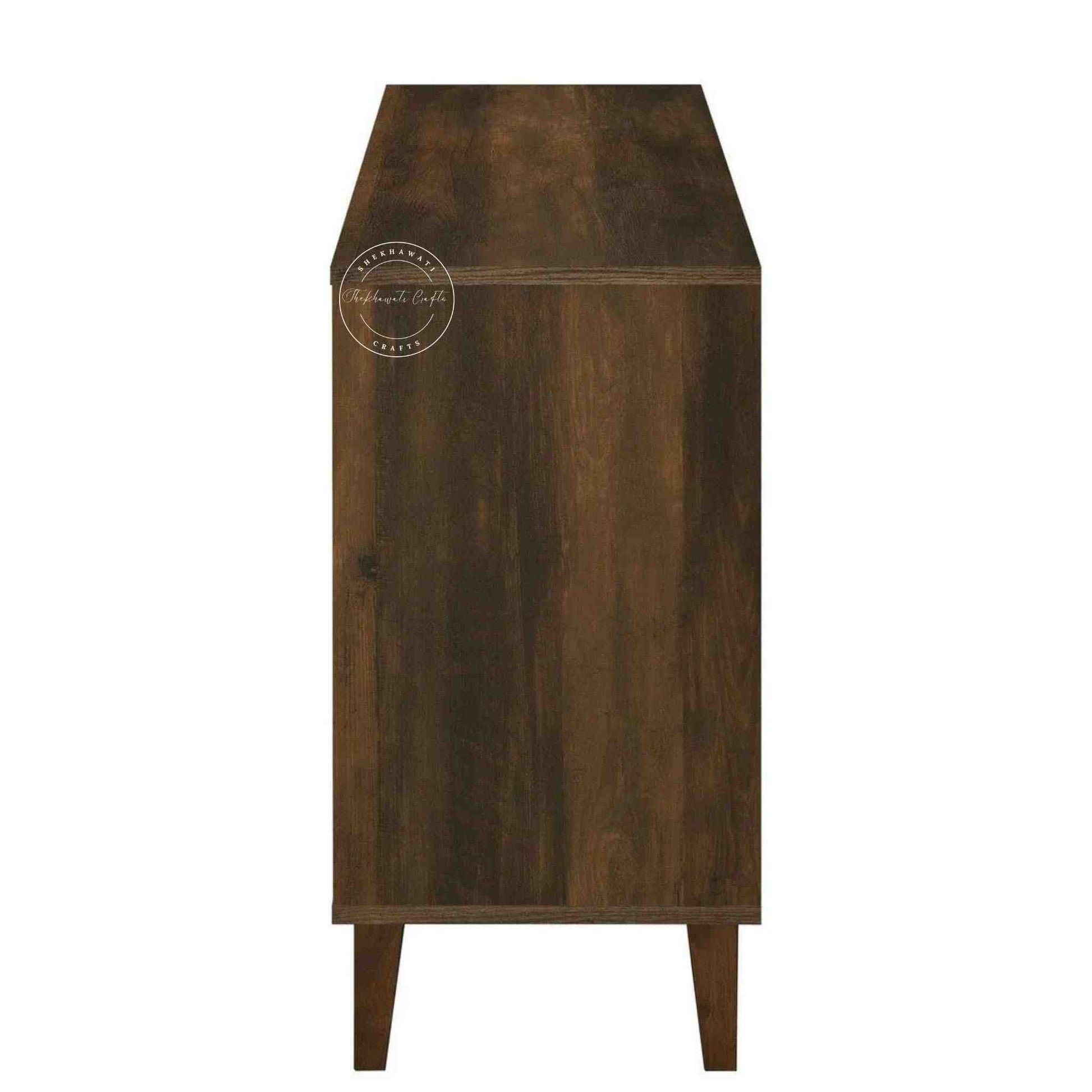 Elser Sideboard is made from mango wood with a light walnut finish, featuring foldable shelves and an open display shelf.