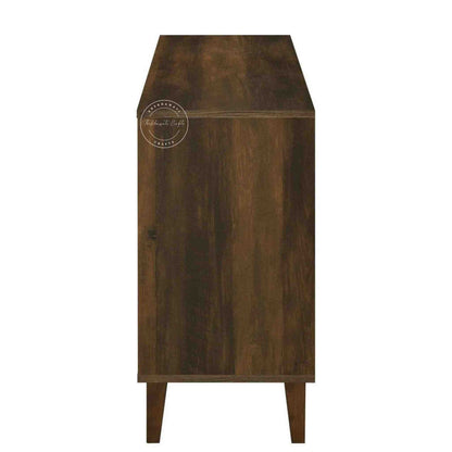 Elser Sideboard is made from mango wood with a light walnut finish, featuring foldable shelves and an open display shelf.