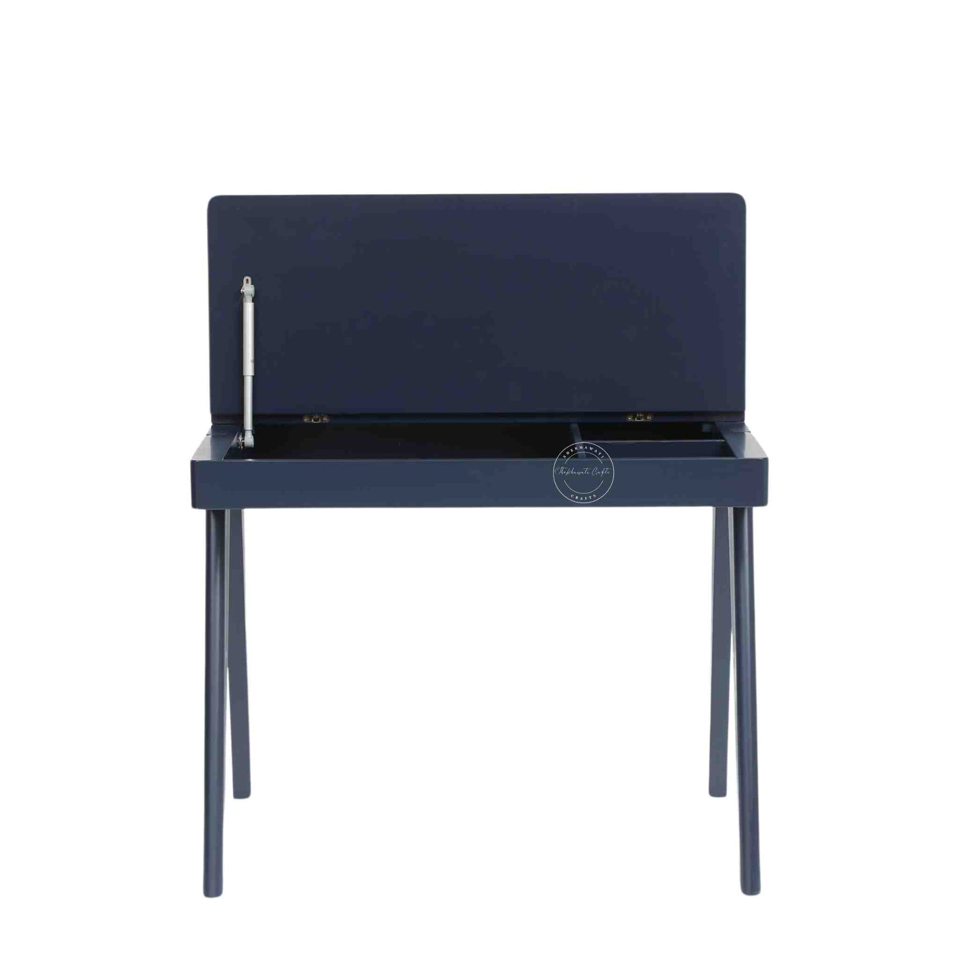 Emily Mango Wood Study Table with Magic Matte Blue finish, openable top with foldable legs.