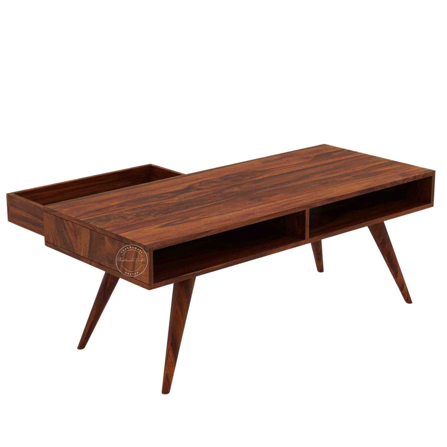 Esha Center Table is handcrafted from Sheesham wood with a honey finish, foldable legs, and a dual-side opening drawer.