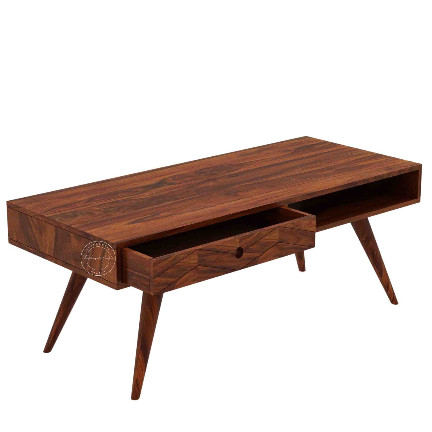 Esha Center Table is handcrafted from Sheesham wood with a honey finish, foldable legs, and a dual-side opening drawer.