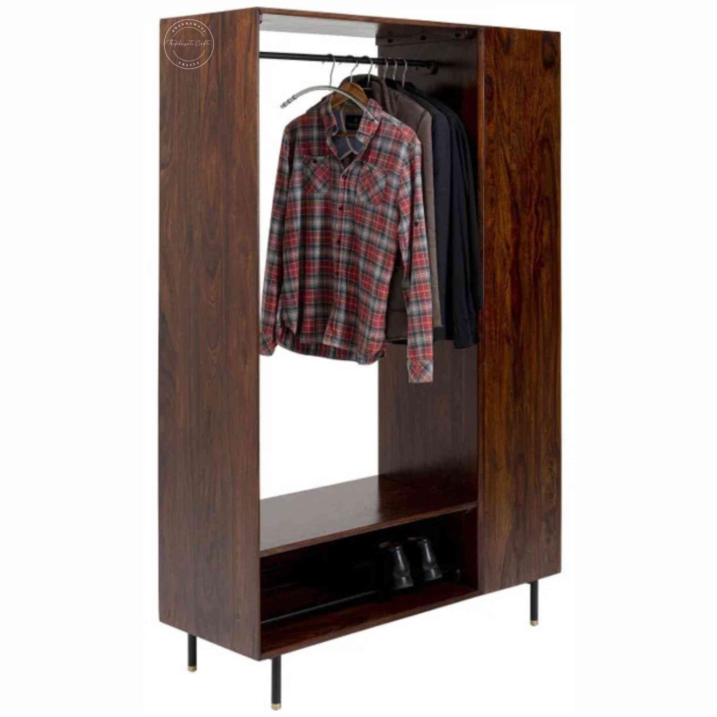 Esme Closet is handcrafted from Sheesham wood with a walnut finish, detachable shelves, a clothes hanger, and 5 spacious shelves.