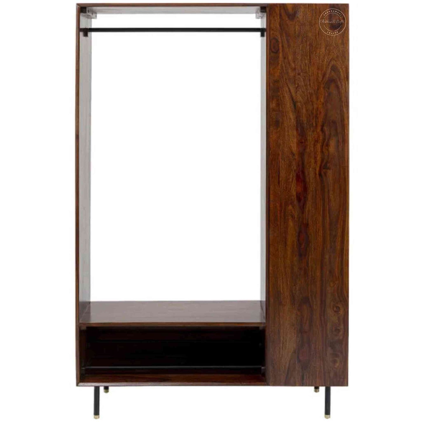 Esme Closet is handcrafted from Sheesham wood with a walnut finish, detachable shelves, a clothes hanger, and 5 spacious shelves.