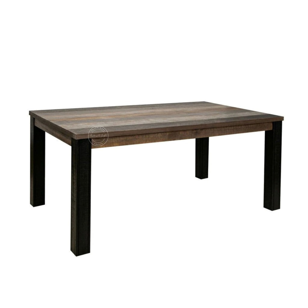 A rectangular wooden dining table with a rustic dark brown wood grain top and four sturdy black legs, shown against a plain white background.