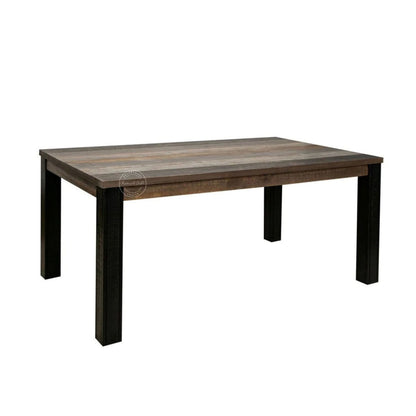 A rectangular wooden dining table with a rustic dark brown wood grain top and four sturdy black legs, shown against a plain white background.