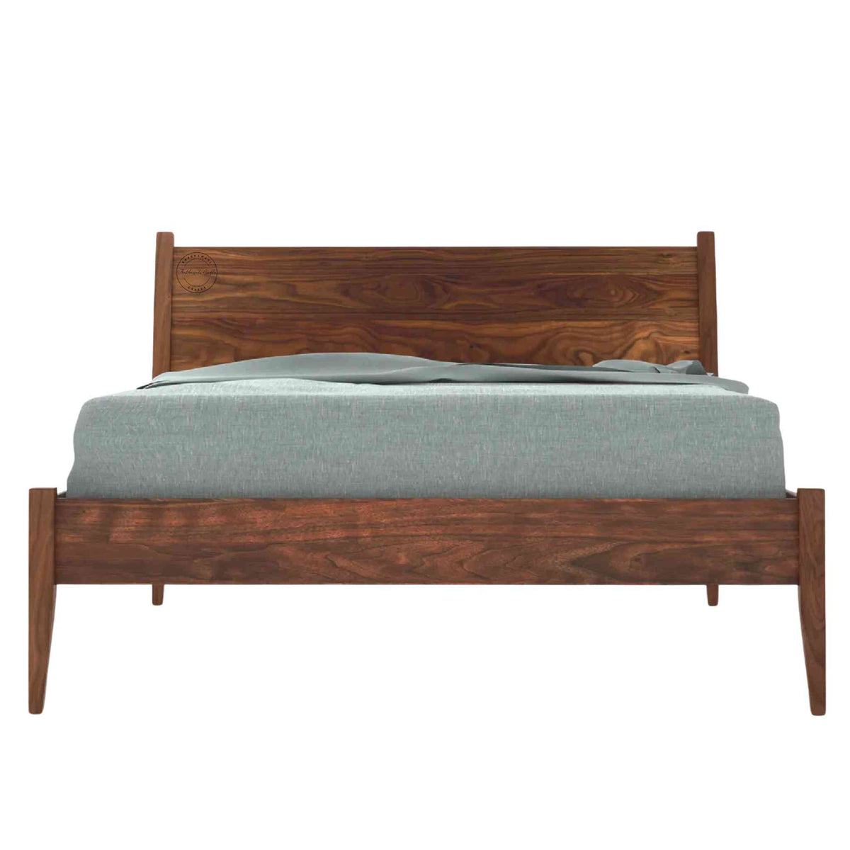 A king size bed made of Sheesham wood with a curved headboard is shown in a white background.