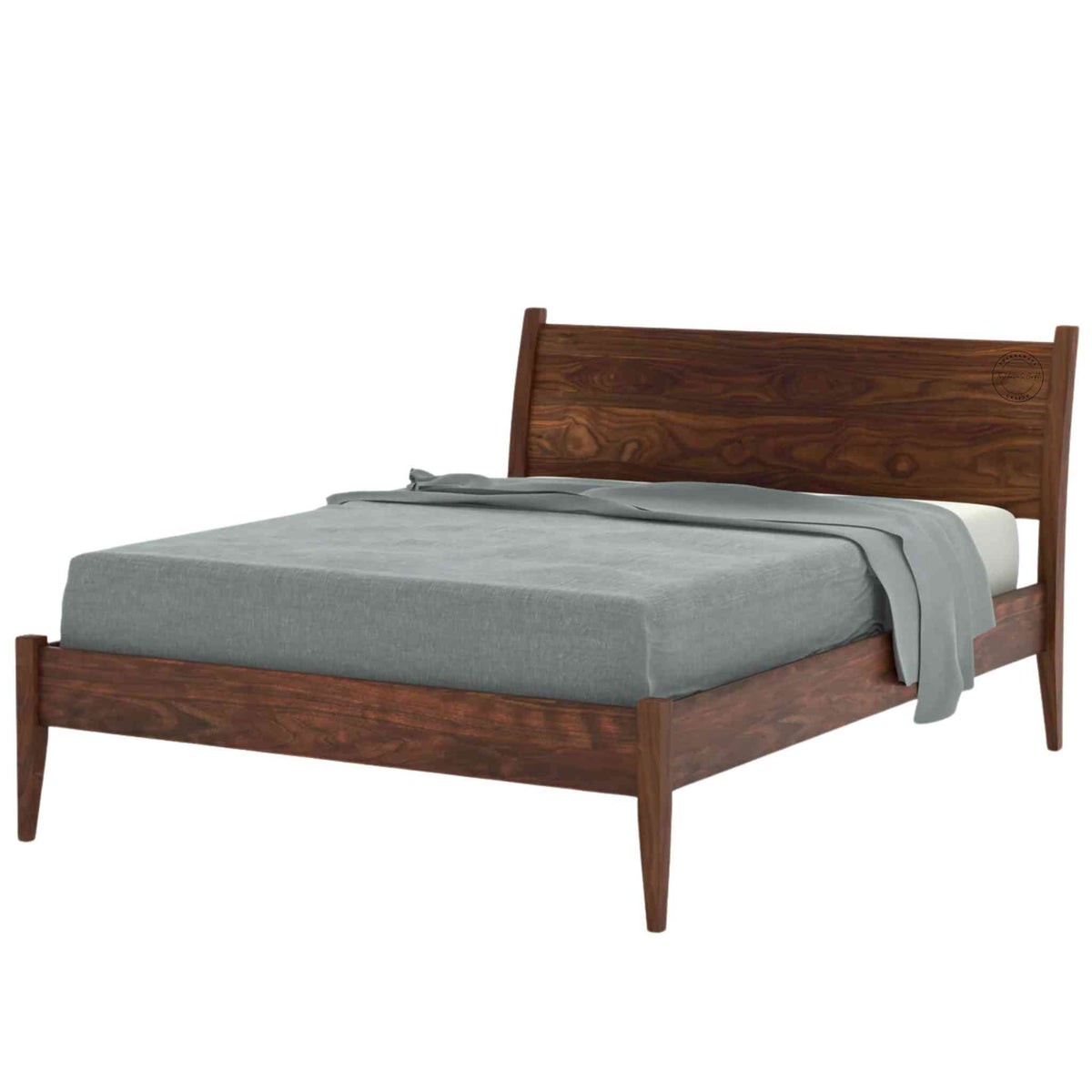 Side view of a king size bed made of Sheesham wood with a curved headboard shown in a white background.
