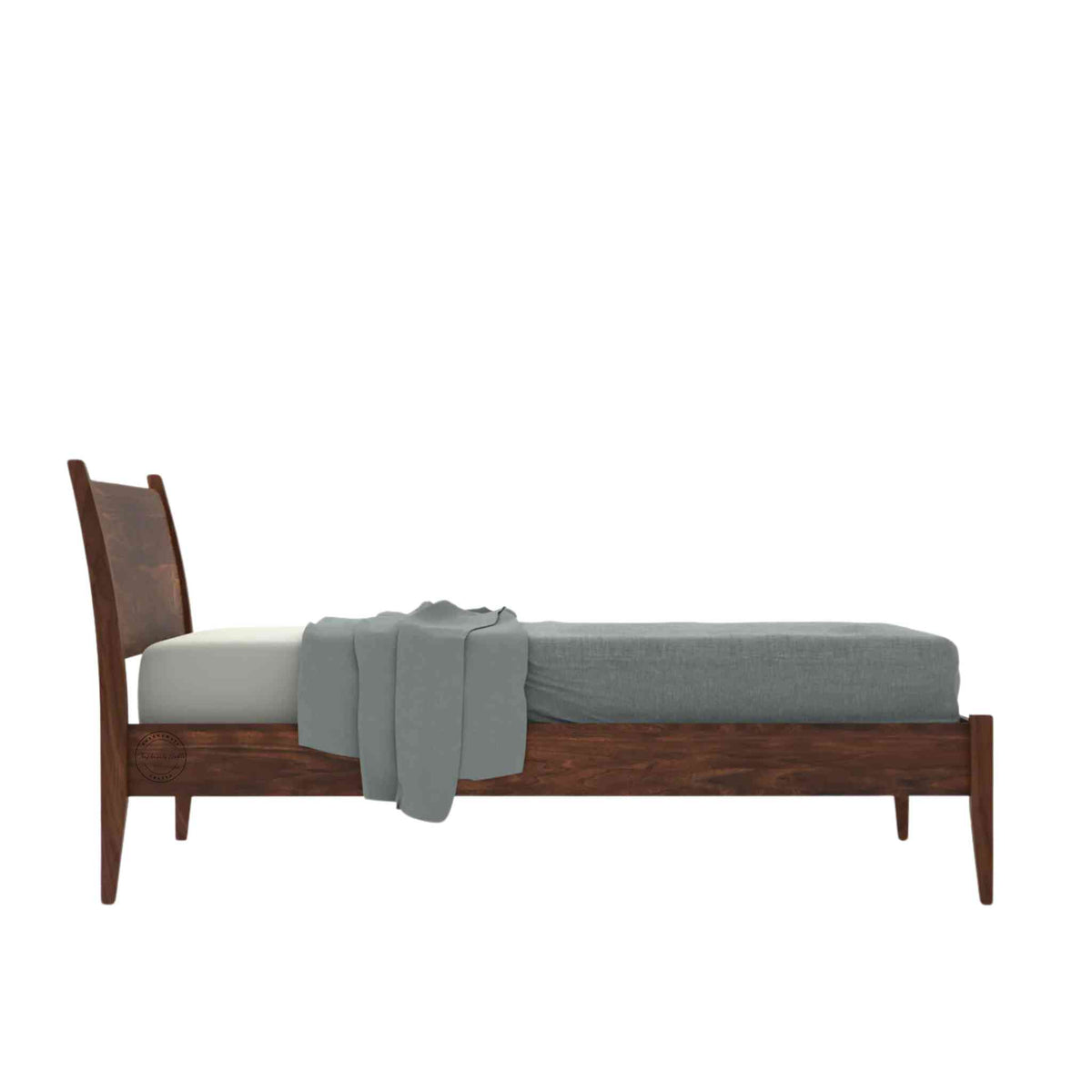 Side view of a king size bed made of Sheesham wood with a curved headboard shown in a white background.