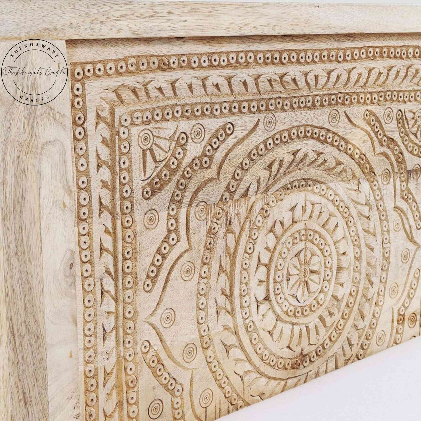 Frencho King Size Bed made from solid mango wood, featuring vintage design, hand-carved detailing, natural finish and foldable structure.
