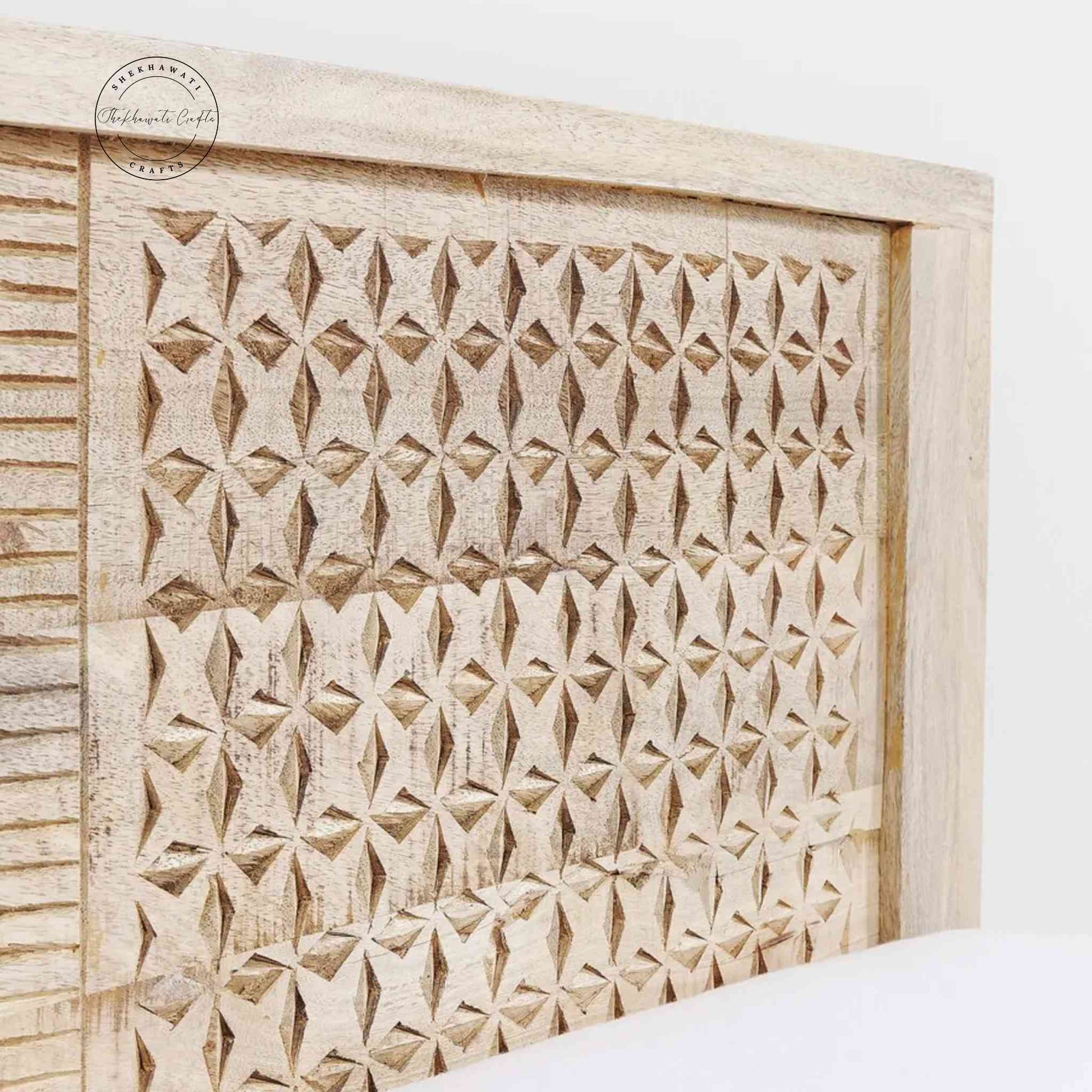 Frencho King Size Bed made from solid mango wood, featuring vintage design, hand-carved detailing, natural finish and foldable structure.