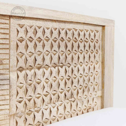 Frencho King Size Bed made from solid mango wood, featuring vintage design, hand-carved detailing, natural finish and foldable structure.