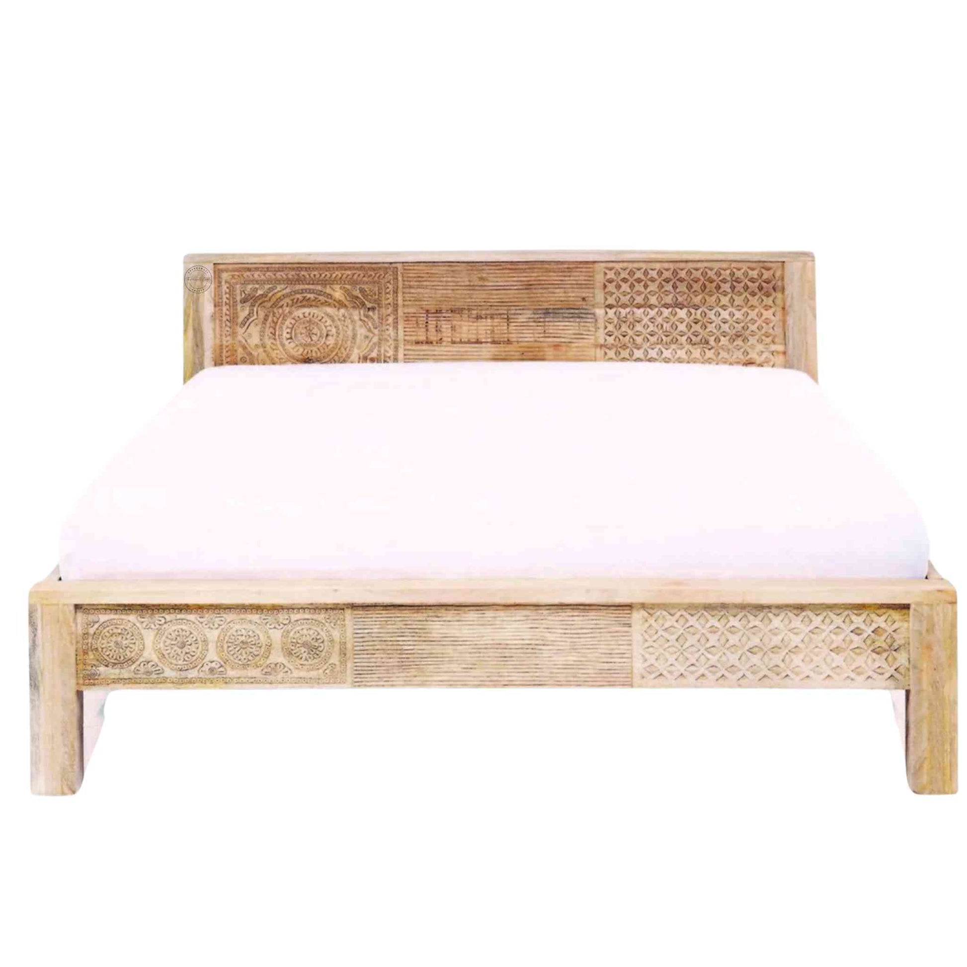 Frencho King Size Bed made from solid mango wood, featuring vintage design, hand-carved detailing, natural finish and foldable structure.