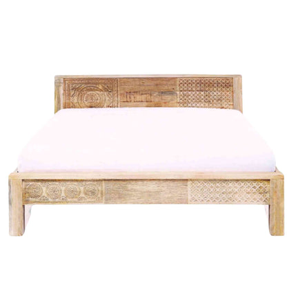 Frencho King Size Bed made from solid mango wood, featuring vintage design, hand-carved detailing, natural finish and foldable structure.