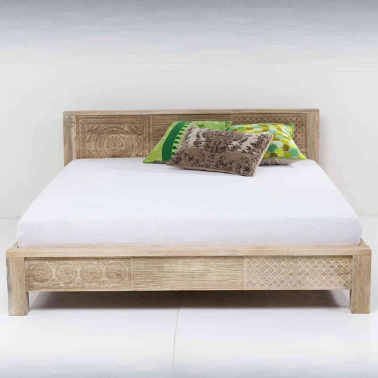 Frencho King Size Bed made from solid mango wood, featuring vintage design, hand-carved detailing, natural finish and foldable structure.
