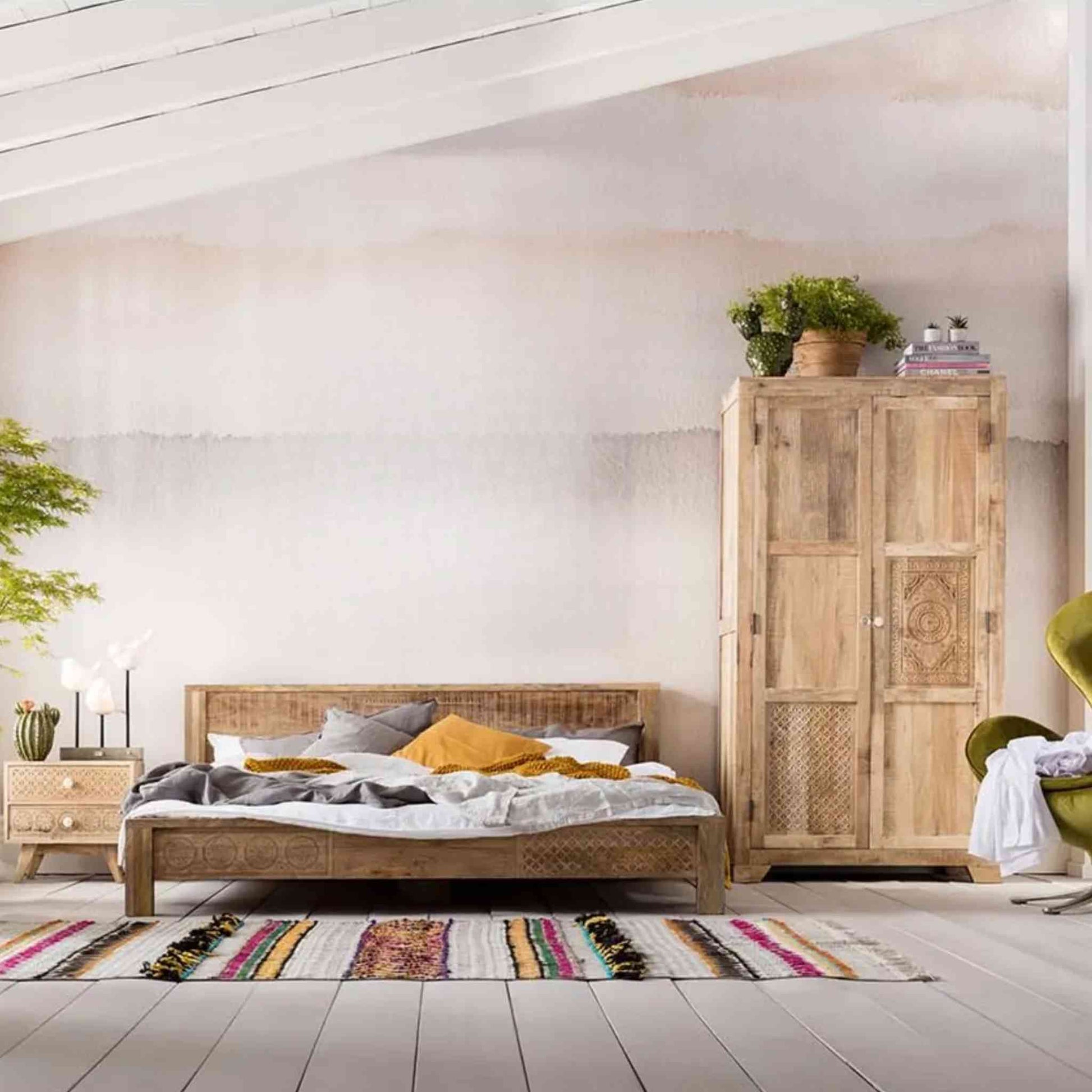 Frencho King Size Bed made from solid mango wood, featuring vintage design, hand-carved detailing, natural finish and foldable structure.
