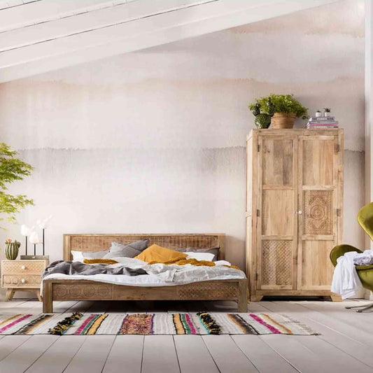 Frencho King Size Bed made from solid mango wood, featuring vintage design, hand-carved detailing, natural finish and foldable structure.