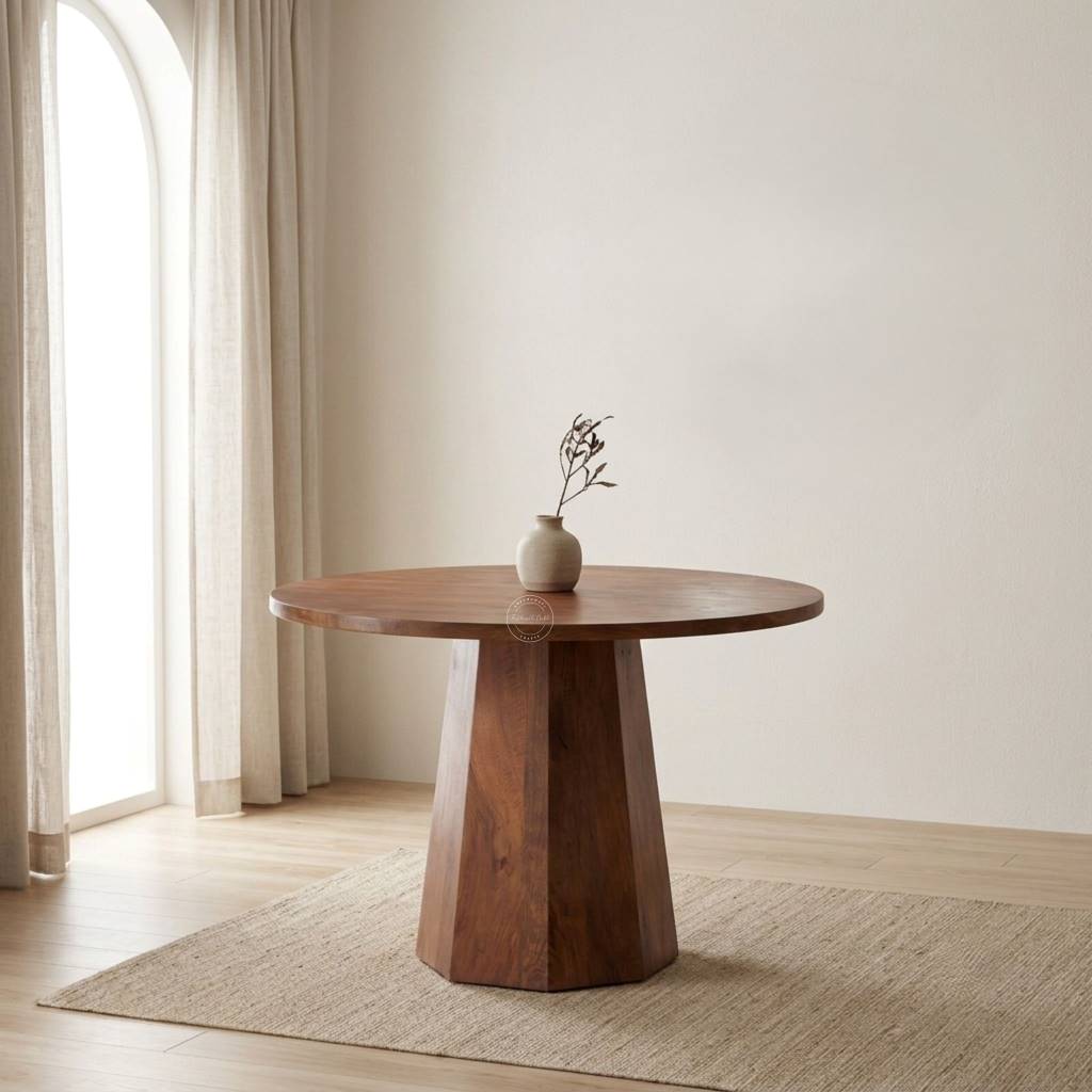 A 4-seater round wooden dining table with a hexagonal pedestal base, styled in a minimalist room with a small ceramic vase on top, set on a woven rug.