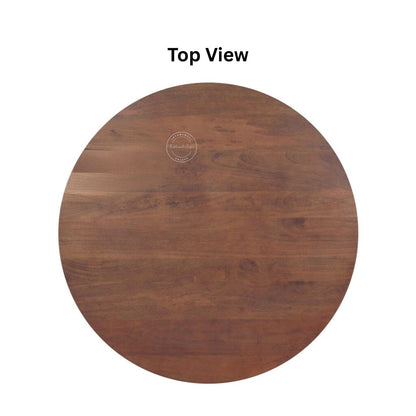 A top-down view of a round wooden table top with a medium brown wood grain finish, labeled 'Top View' on a white background.