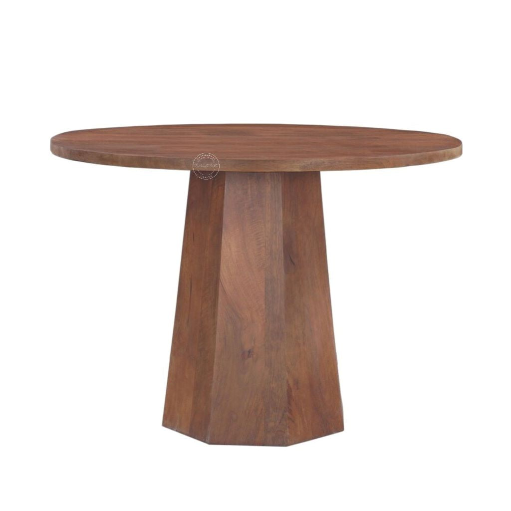 4-seater round wooden dining table with a hexagonal pedestal base, shown on a plain white background.