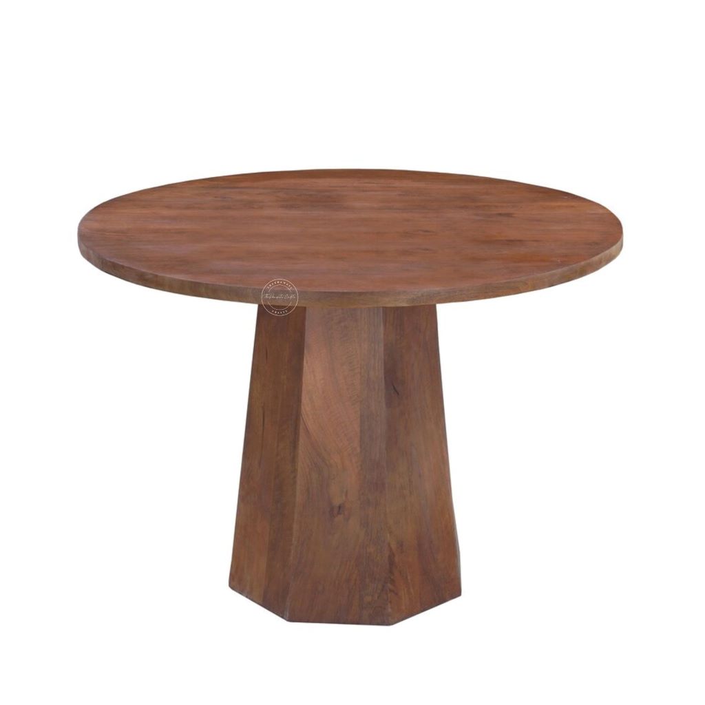 A round wooden dining table with a hexagonal pedestal base, shown on a plain white background.