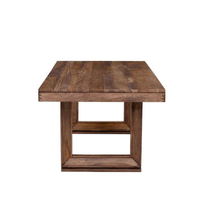 A square wooden end table with a brown finish, featuring a thick top and visible dovetail joint construction on the front edge, shown against a plain white background.