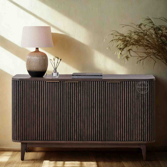 hazal sideboard is handcrafted from mango wood with a walnut finish and 3 doors