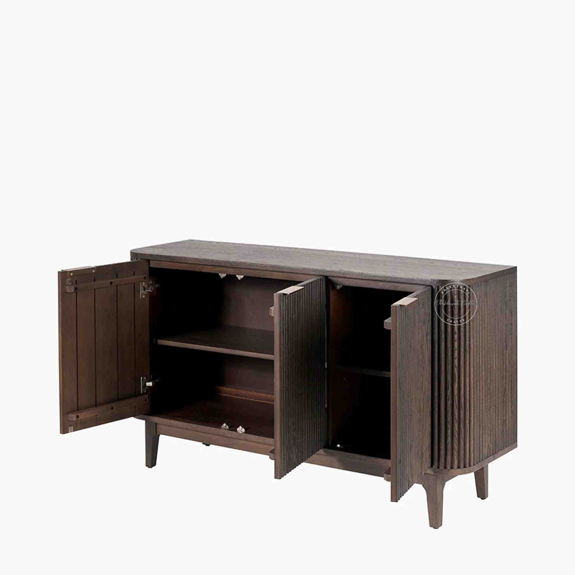 hazal sideboard is handcrafted from mango wood with a walnut finish and 3 doors