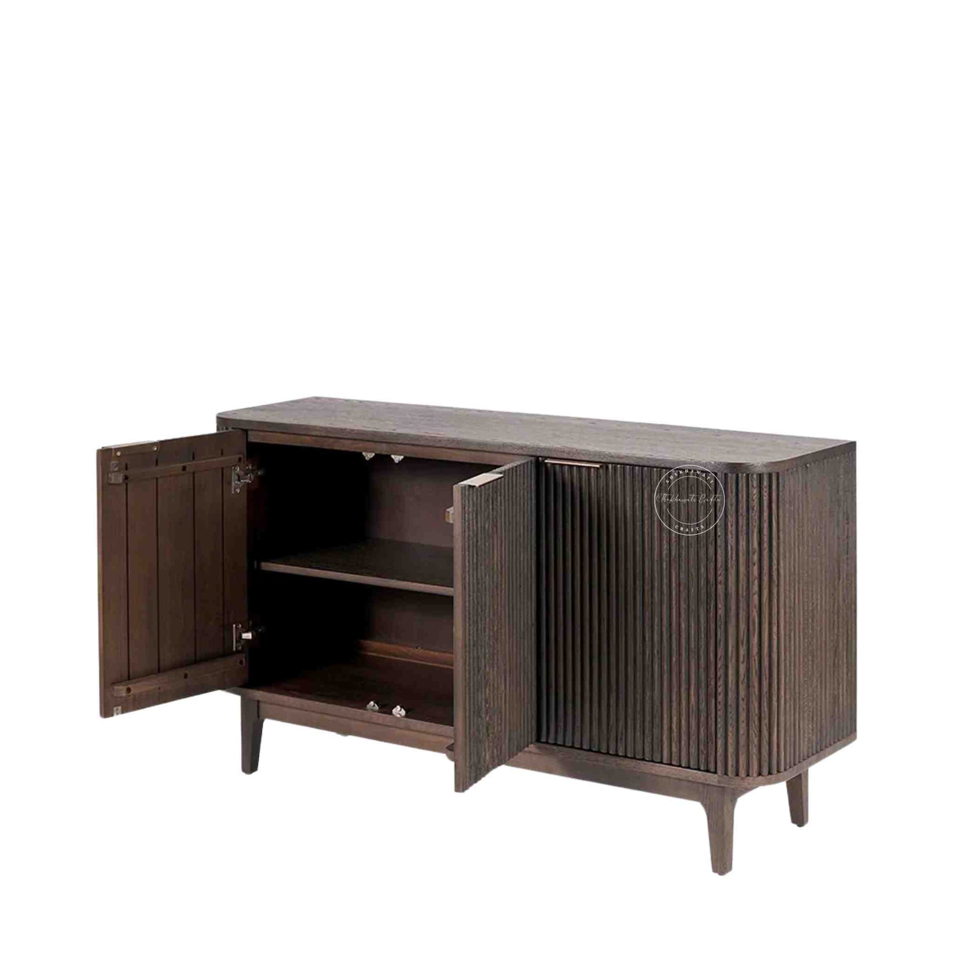 hazal sideboard is handcrafted from mango wood with a walnut finish and 3 doors