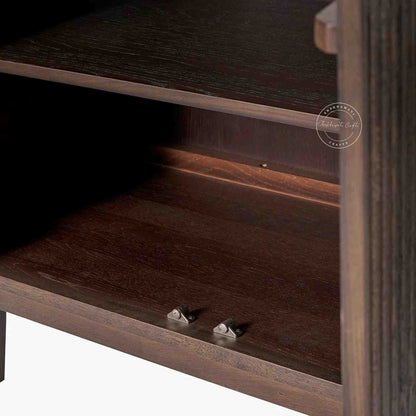 hazal sideboard is handcrafted from mango wood with a walnut finish and 3 doors