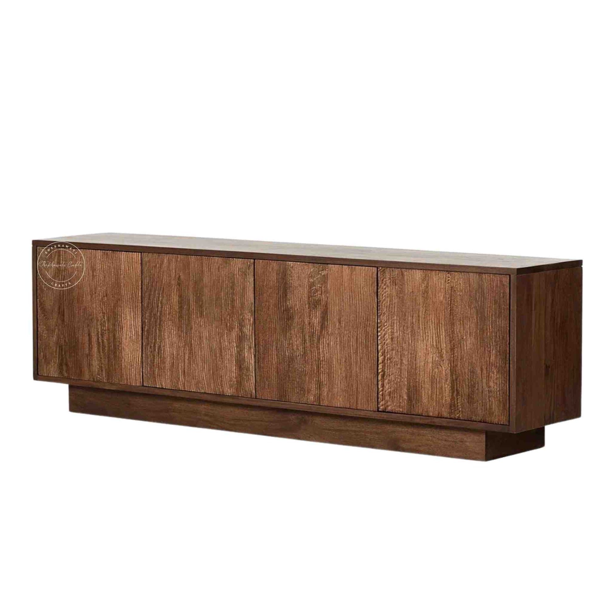 handmade helios solid wood TV unit with natural mango wood finish and 4 doors.